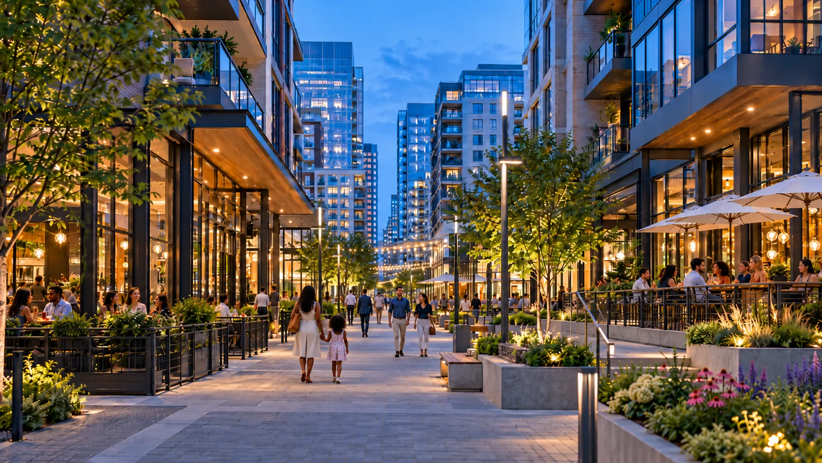 A pedestrian street at dusk, lined with restaurants and apartment towers, people walking and dining outdoors.
