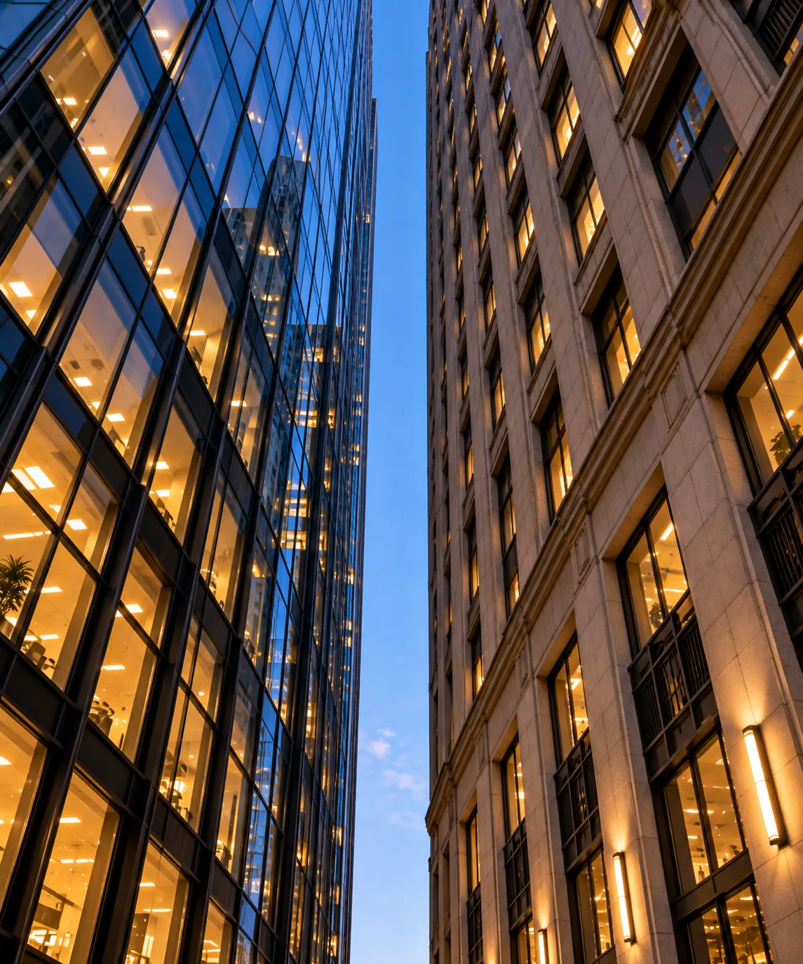 Looking up between a glass office tower and a limestone one at dusk, with a narrow strip of blue sky and lit windows on both sides.